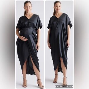 Quince 100% silk black dress XL maternity caftan kaftan style v neck belt